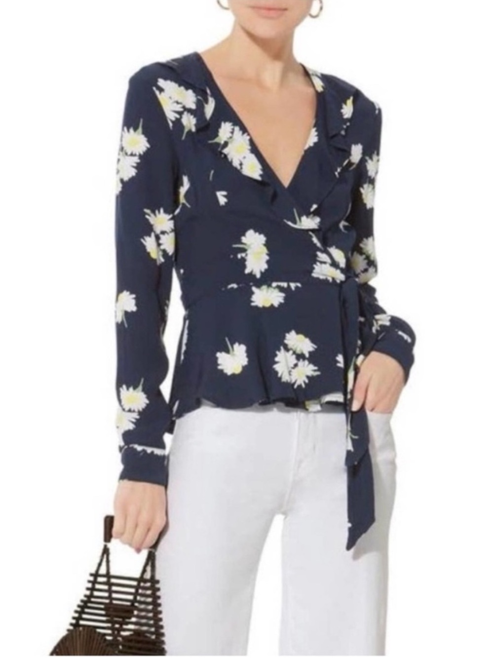 Ganni Silver Crepe Total Eclipse Wrap Top in Daisy Print
